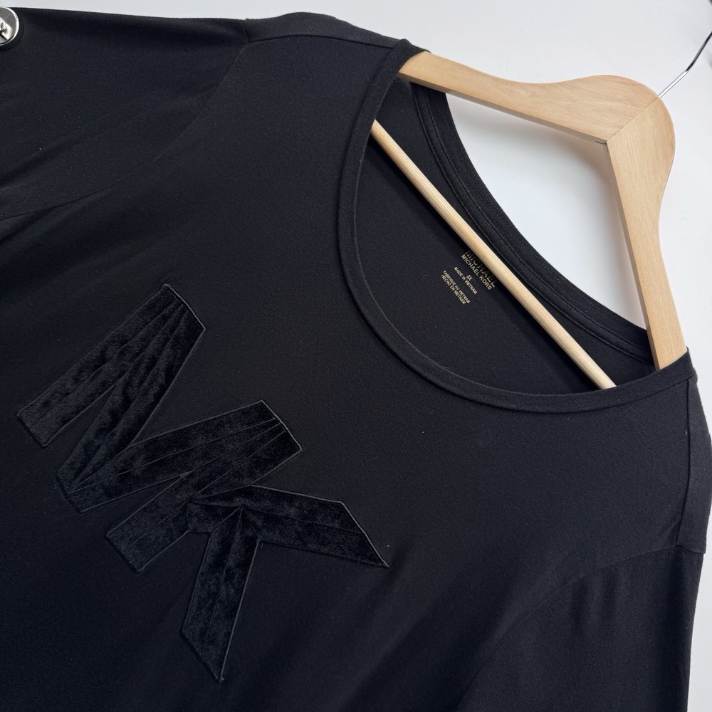 Michael Kors 3X Black T-Shirt Velvet Applique MK Logo Silver Button Sleeve Top